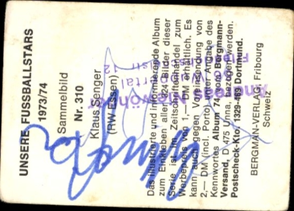 Obraz kolekcjonerski gwiazdy futbolu 1972/1974, zdjęcie nr 310, Klaus Senger, RW Essen