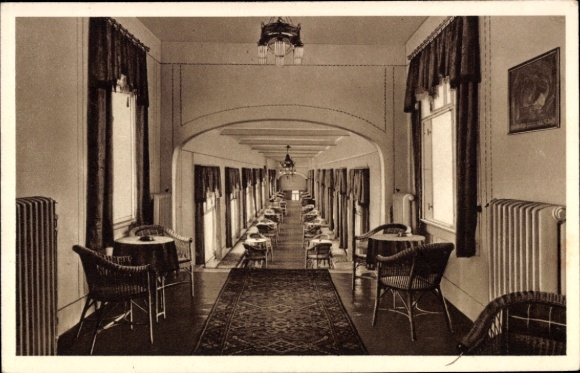 Postcard Oberhof in the Thuringian Forest, Wandelhalle, interior view, chairs, rows of tables, long corridor view