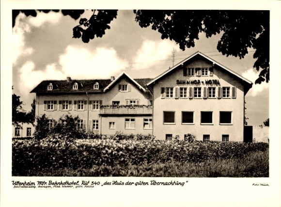 Postcard Uffenheim in Middle Franconia, train station hotel