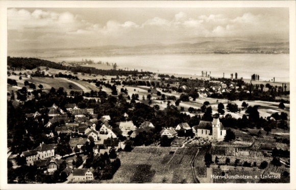 Postcard Horn Gundholzen Gaienhofen on Lake Constance, Konstanz district, town, aerial photograph