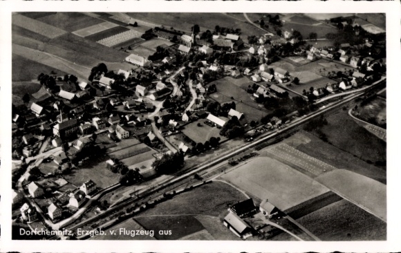 Postcard Dorfchemnitz Mittelsachsen, aerial photography, railway tracks, fields