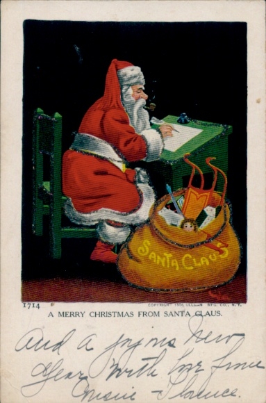 Glitter Ak Gefeliciteerd Kerstmis, Kerstman, bureau, geschenken