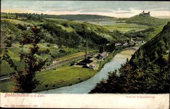 PC Balduinstein an der Lahn, bridge, railway tracks, Schaumburg Castle