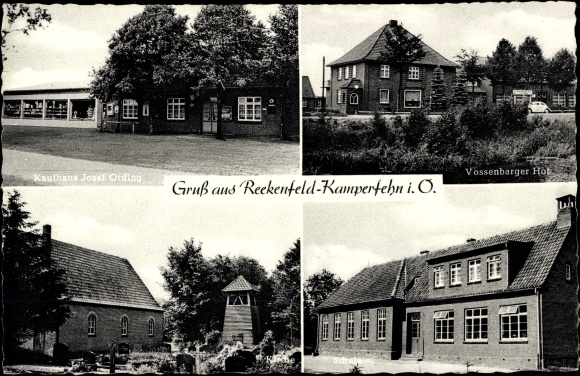 Postcard Reekenfeld Barßel Lower Saxony, Kamperfehn, department store Josef Ording, Vossenbarger Hof, tower