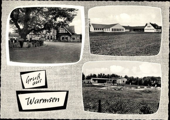 Postcard Warmsen in Lower Saxony, village party, swimming pool, school