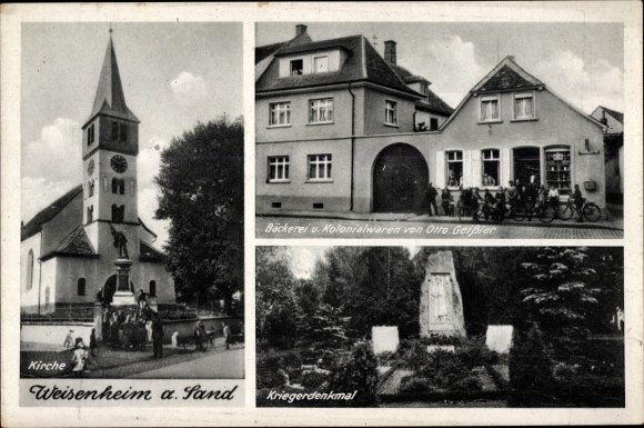 Ansichtkaart Weisenheim am Sand Pfalz, kerk, kruidenierswinkel v. Otto Geissler, Oorlogsmonument