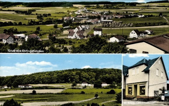 Postcard Ehringshausen in Central Hesse, Panorama, W. Krug business building, food