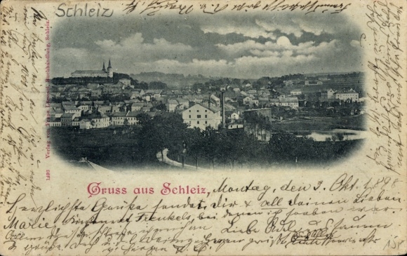 Ak Schleiz im Vogtland Thüringen, Schwarz-Weiß-Foto, Stadtansicht, Wolken, Grußkarte, Historisch
