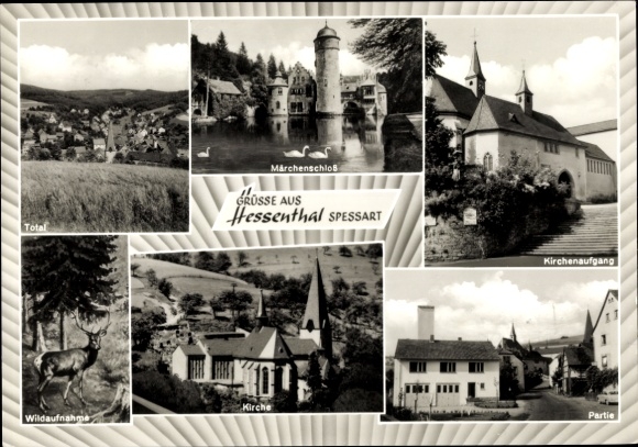 Postcard Hessenthal Mespelbrunn in the Spessart, church entrance, church, deer, fairytale castle