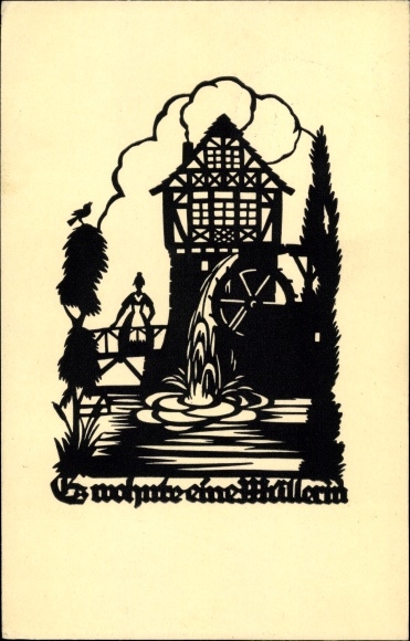 Paper cut Postcard Schwindt, AM, A miller lived, water mill