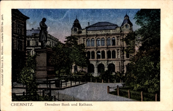 Luna Postcard Chemnitz in Saxony, Dresdner Bank and Town Hall