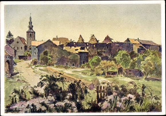 Artist PC Graf, Karl, Leidingen Wallerfang, lot at the border, city view, ruins, KDF