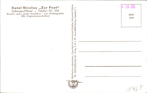 Postcard Zeltingen on the Mosel, aerial photograph
