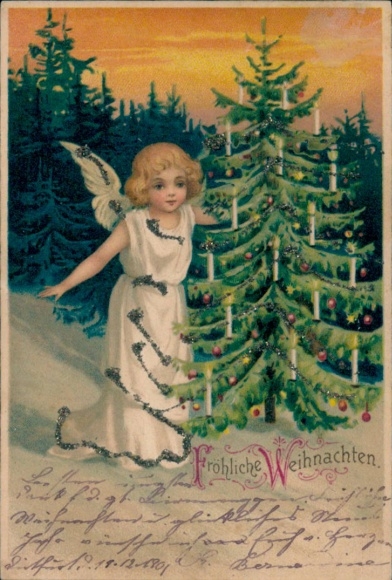 Glitterlitho gefeliciteerd Kerstmis, engel, kerstboom