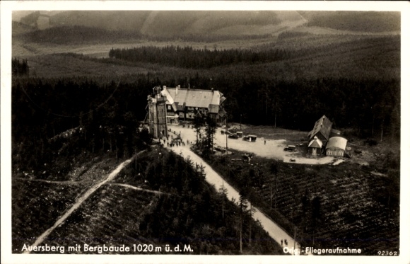 Postcard Eibenstock in the Ore Mountains of Saxony, Auersberg with a mountain lodge, aerial photo