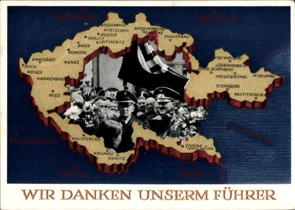 Postal stationery Postcard We thank our leader, Sudetenland, Bohemia, Moravia, Hitler