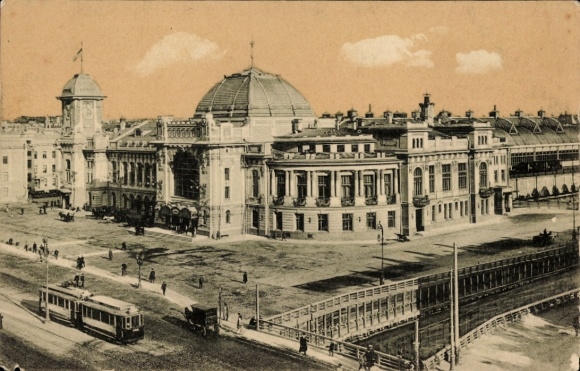 Ak St. Petersburg Russland, Bahnhof von Zarskoje Selo, Straßenbahn