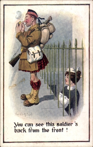 Artist Postcard McGill, D., Smoking Scottish Soldier, Maid