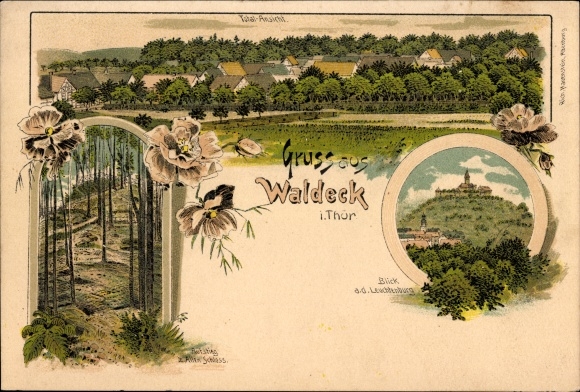 litho Waldeck in Thüringen, totaalbeeld, Lichtenburg, bloemen