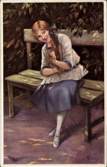 Artist Postcard Frank, Elly, Here I am, Blonde girl on a bench