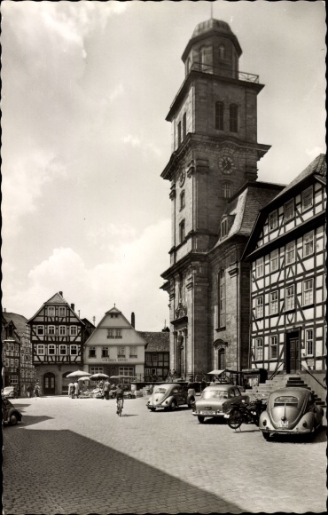 Postcard Lauterbach in Hesse, market square, town church, half-timbered house