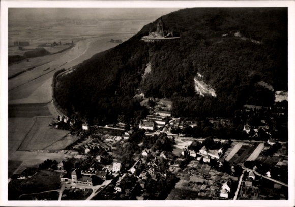 Postcard Porta Westfalica on the Weser, aerial view of Pension Friedenstal, landscape, river