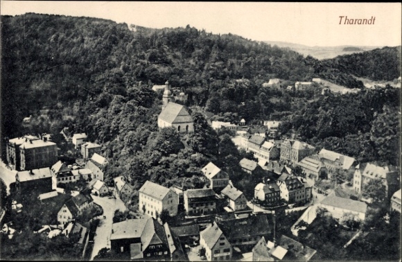 Postcard Tharandt in the Ore Mountains, aerial view of wooded hills, view of houses