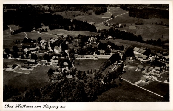 Postcard Bad Heilbrunn in Upper Bavaria, aerial view of rural landscape, houses, trees