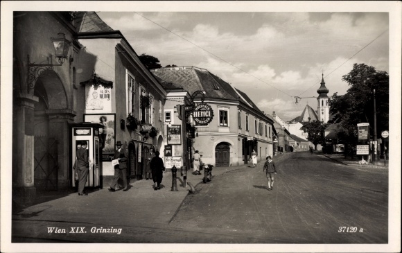 Ak Wien 19. Döbling Grinzing, Straßenpartie, Hencl Heuriger, Telefonzelle