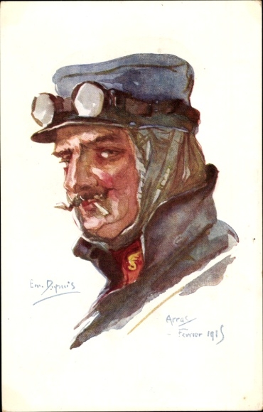 Kunstenaarskaart Dupuis, Emil, Arras 1915, Franse soldaat, pilotenbril, sigaret