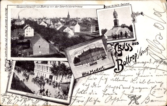 Postcard Bottrop in the Ruhr area, general view of the Kaiser Wilhelm Memorial, Hotel Mostert, Gerichtsstrasse