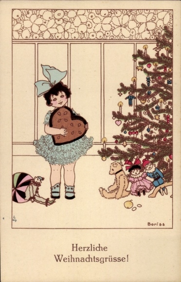 Kunstenaar Ak Boriss, M., Gefeliciteerd Kerstmis, meisje, speelgoed, kerstboom