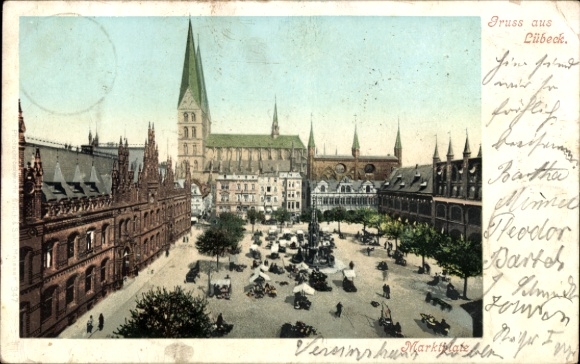 Postcard Hanseatic City of Lübeck, Market Square, Town Hall, St. Mary's Church, Post Palace