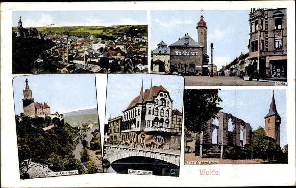 Ak Weida in Thüringen, Panorama vom Ort, Markt, Schloss Osterburg, Café Museum, Ruine Wiedenkirche