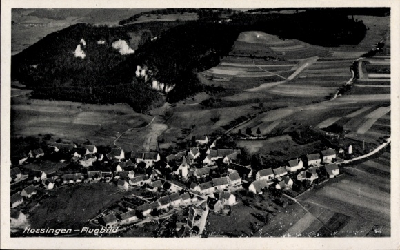 Postcard Hossingen Meßstetten in the Zollernalb district, aerial view of rural surroundings, various buildings