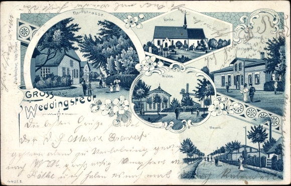 litho Weddingstedt in Dithmarschen, dorpsstraat, kerk, zuivelfabriek, actie uit Otto Stoltenberg