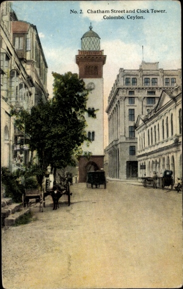 Postcard Colombo Ceylon Sri Lanka, clock tower, lighthouse, Chatham Street