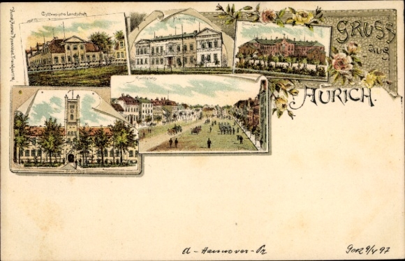 Chromo-Litho Aurich in East Frisia, city views, seminar, market place
