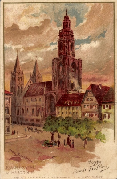 KP Heilbronn am Neckar, Kanskirche, widok miasta, styl historyczny, kolorowa ilustracja