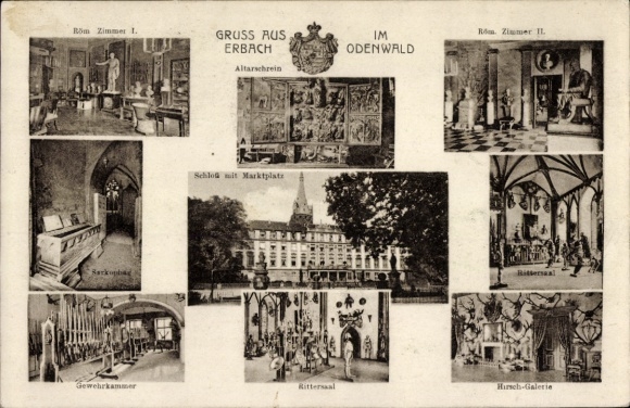 Ak Erbach im Odenwald Hessen, Altarschrein, Römische Zimmer, Rittersaal, Hirsch-Gallerie, Sarkophag