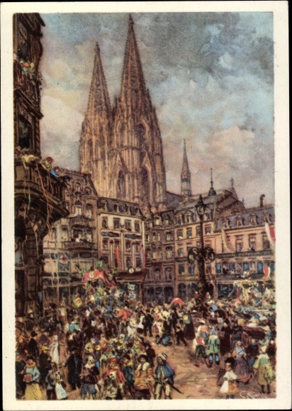 KP artysta pocztówka Köln am Rhein, karnawał, parada, katedra