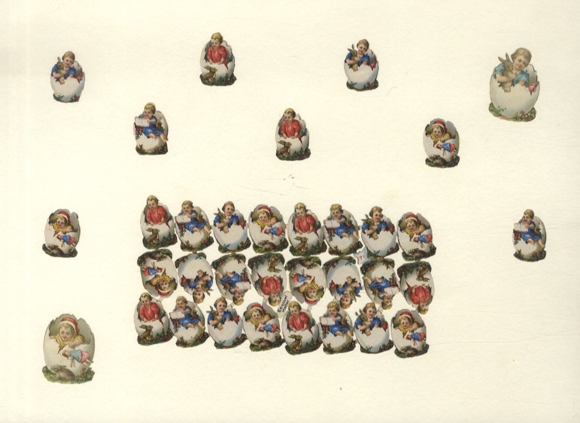 10 wafers, 1 block (incomplete/defective) children in Easter eggshells, approx. 7.5 x 15 cm to 3 x 2 cm