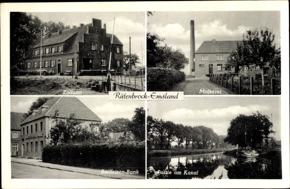 Ak Rütenbrock Haren im Emsland, Zollamt, Molkerei, Raiffeisen Bank, Kanal