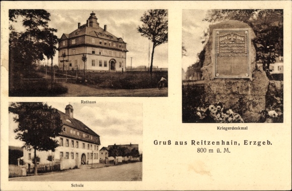 Ak Reitzenhain Marienberg in het Ertsgebergte, gemeentehuis, oorlogsmonument, school