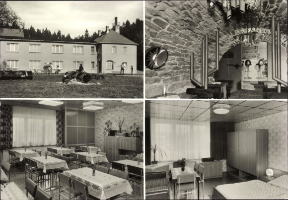 Postcard Neidhardtsthal Eibenstock in the Erzgebirge of Saxony, LPG holiday home, interior views, exterior views