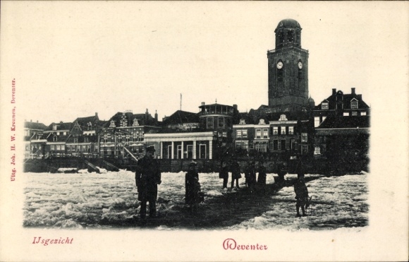 KP Deventer Overijssel Holandia, krajobraz lodowy, wieża zegarowa, widok na miasto, dzieci, historia...