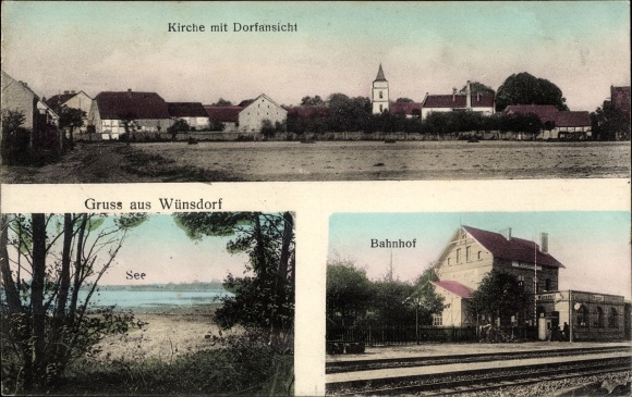 Ak Wünsdorf Zossen in Brandenburg, Bahnhof, Kirche, See