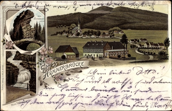 Chromo-Litho Hammerbrücke in Vogtland, Weidlichs Gasthaus, waterfall