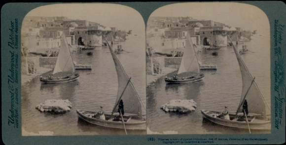 Stereo Photo Tiberias Israel, partial view, fishing boats