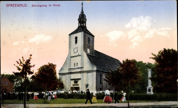 Postcard Burg im Spreewald, Church, Spreewald when going to church